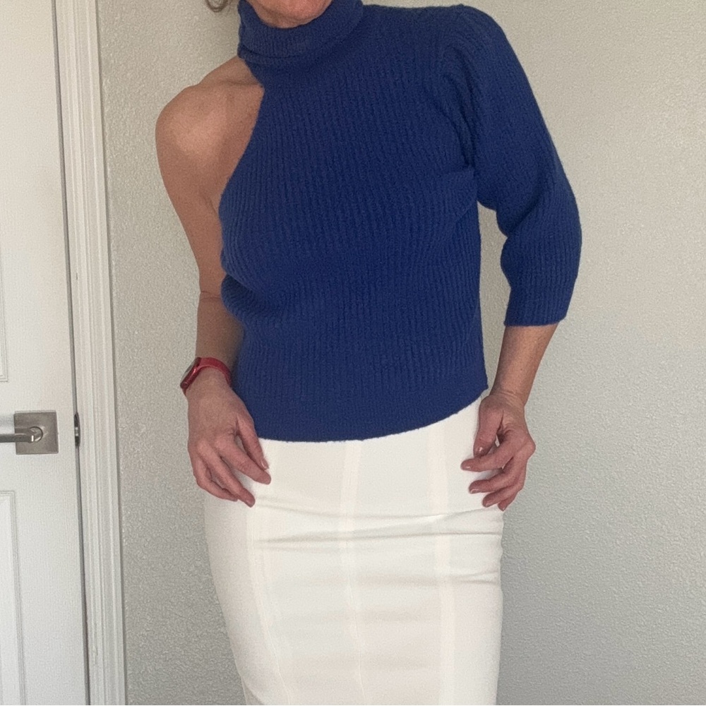 Melrose and Market Blue, One Sleeve,  Ribbed Cowl Neck Sweater